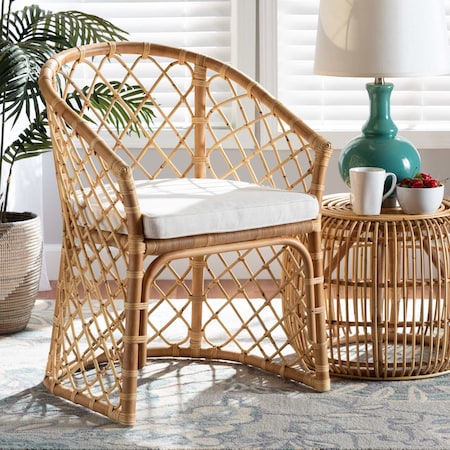 Baxton Studio Orchard Modern Bohemian White Fabric Upholstered and Natural Brown Rattan Dining Chair 203-12586